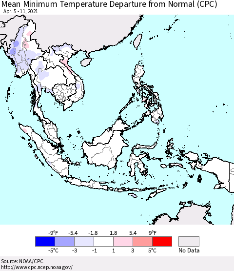 South East Asia Mean Minimum Temperature Departure from Normal (CPC) Thematic Map For 4/5/2021 - 4/11/2021