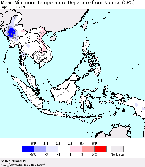 South East Asia Mean Minimum Temperature Departure from Normal (CPC) Thematic Map For 4/12/2021 - 4/18/2021