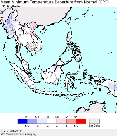 South East Asia Mean Minimum Temperature Departure from Normal (CPC) Thematic Map For 4/19/2021 - 4/25/2021