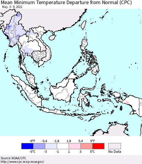 South East Asia Mean Minimum Temperature Departure from Normal (CPC) Thematic Map For 5/3/2021 - 5/9/2021