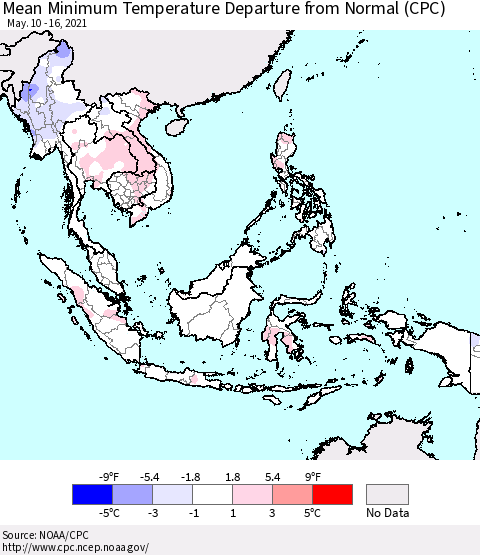South East Asia Mean Minimum Temperature Departure from Normal (CPC) Thematic Map For 5/10/2021 - 5/16/2021