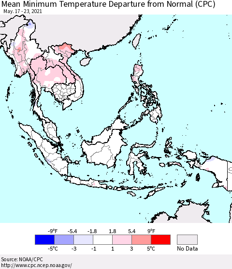 South East Asia Mean Minimum Temperature Departure from Normal (CPC) Thematic Map For 5/17/2021 - 5/23/2021