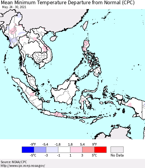South East Asia Mean Minimum Temperature Departure from Normal (CPC) Thematic Map For 5/24/2021 - 5/30/2021