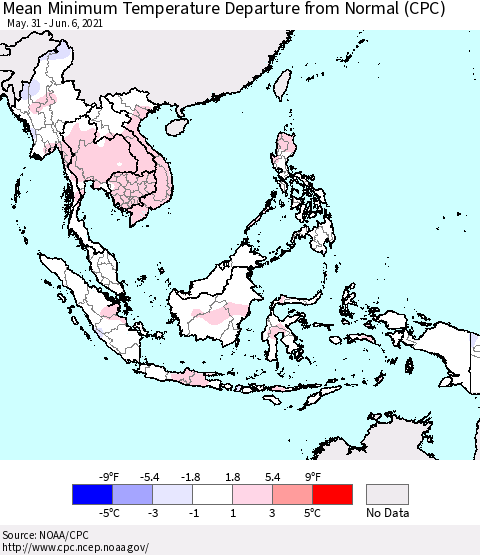 South East Asia Mean Minimum Temperature Departure from Normal (CPC) Thematic Map For 5/31/2021 - 6/6/2021