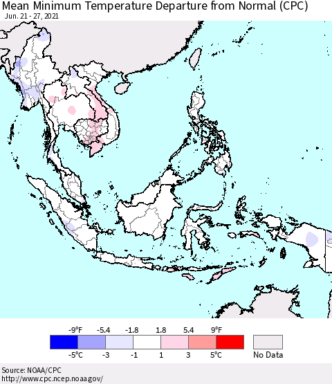 South East Asia Mean Minimum Temperature Departure from Normal (CPC) Thematic Map For 6/21/2021 - 6/27/2021