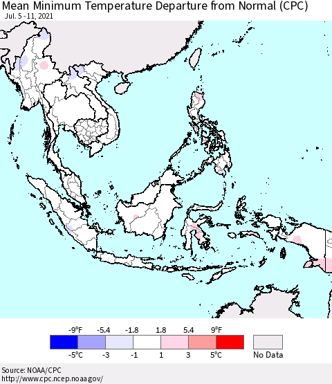 South East Asia Mean Minimum Temperature Departure from Normal (CPC) Thematic Map For 7/5/2021 - 7/11/2021
