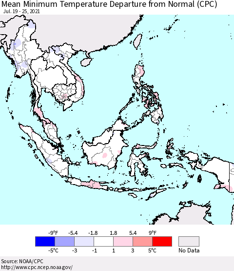 South East Asia Mean Minimum Temperature Departure from Normal (CPC) Thematic Map For 7/19/2021 - 7/25/2021