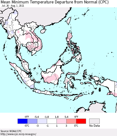 South East Asia Mean Minimum Temperature Departure from Normal (CPC) Thematic Map For 7/26/2021 - 8/1/2021