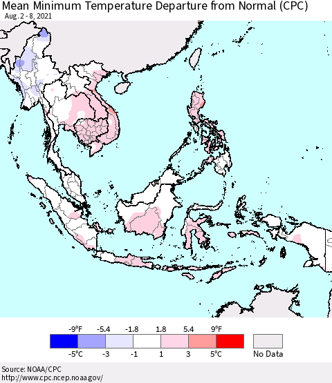 South East Asia Mean Minimum Temperature Departure from Normal (CPC) Thematic Map For 8/2/2021 - 8/8/2021