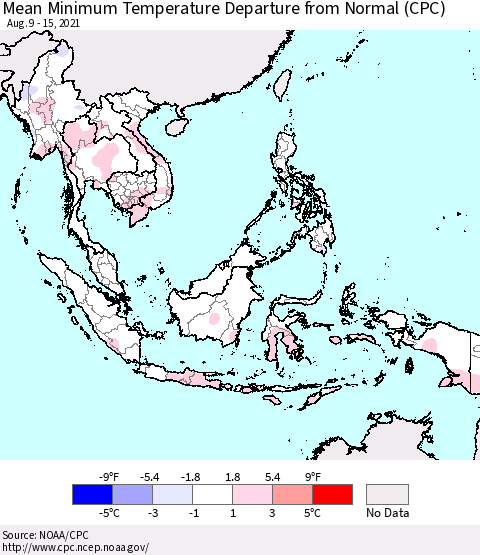 South East Asia Mean Minimum Temperature Departure from Normal (CPC) Thematic Map For 8/9/2021 - 8/15/2021
