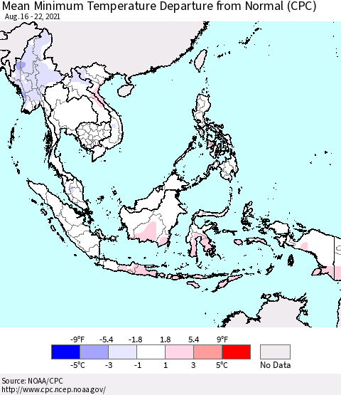 South East Asia Mean Minimum Temperature Departure from Normal (CPC) Thematic Map For 8/16/2021 - 8/22/2021