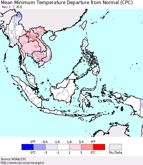 South East Asia Mean Minimum Temperature Departure from Normal (CPC) Thematic Map For 11/1/2021 - 11/7/2021