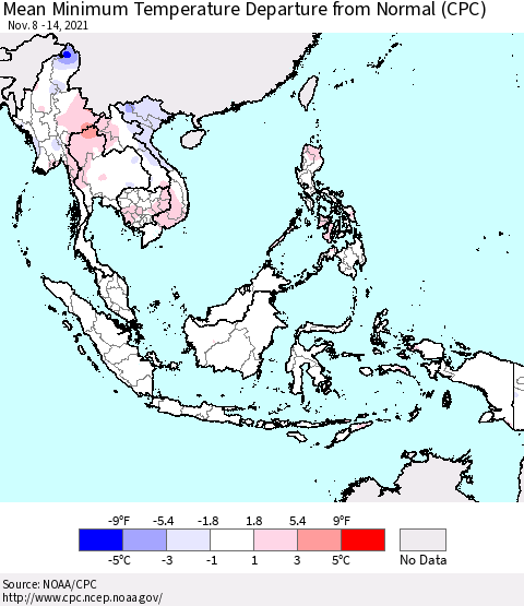 South East Asia Mean Minimum Temperature Departure from Normal (CPC) Thematic Map For 11/8/2021 - 11/14/2021