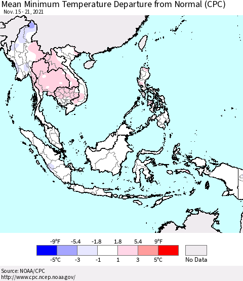 South East Asia Mean Minimum Temperature Departure from Normal (CPC) Thematic Map For 11/15/2021 - 11/21/2021