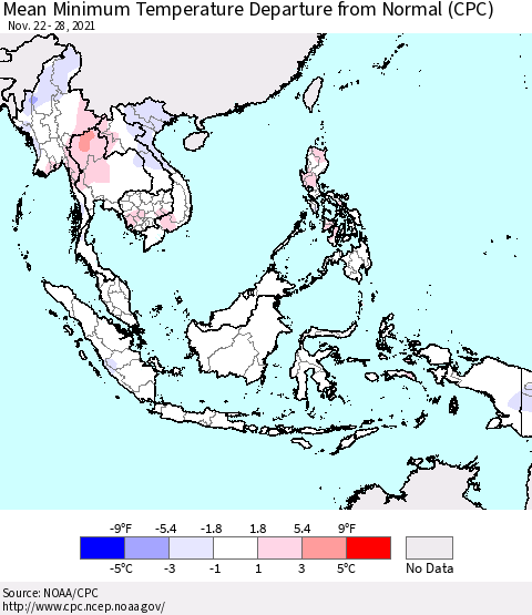 South East Asia Mean Minimum Temperature Departure from Normal (CPC) Thematic Map For 11/22/2021 - 11/28/2021