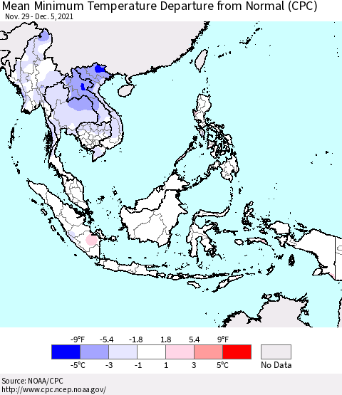 South East Asia Mean Minimum Temperature Departure from Normal (CPC) Thematic Map For 11/29/2021 - 12/5/2021