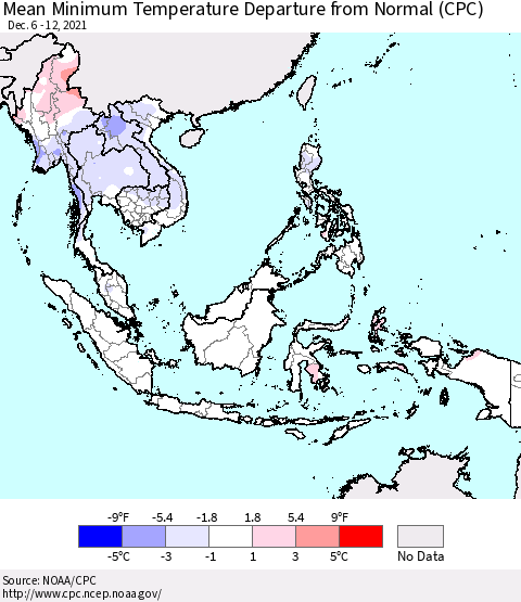 South East Asia Mean Minimum Temperature Departure from Normal (CPC) Thematic Map For 12/6/2021 - 12/12/2021