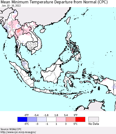 South East Asia Mean Minimum Temperature Departure from Normal (CPC) Thematic Map For 1/10/2022 - 1/16/2022