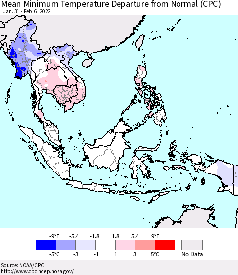 South East Asia Mean Minimum Temperature Departure from Normal (CPC) Thematic Map For 1/31/2022 - 2/6/2022