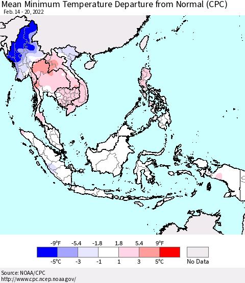 South East Asia Mean Minimum Temperature Departure from Normal (CPC) Thematic Map For 2/14/2022 - 2/20/2022