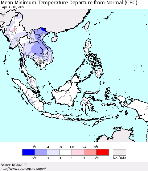 South East Asia Mean Minimum Temperature Departure from Normal (CPC) Thematic Map For 4/4/2022 - 4/10/2022