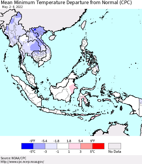 South East Asia Mean Minimum Temperature Departure from Normal (CPC) Thematic Map For 5/2/2022 - 5/8/2022