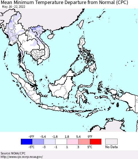 South East Asia Mean Minimum Temperature Departure from Normal (CPC) Thematic Map For 5/16/2022 - 5/22/2022