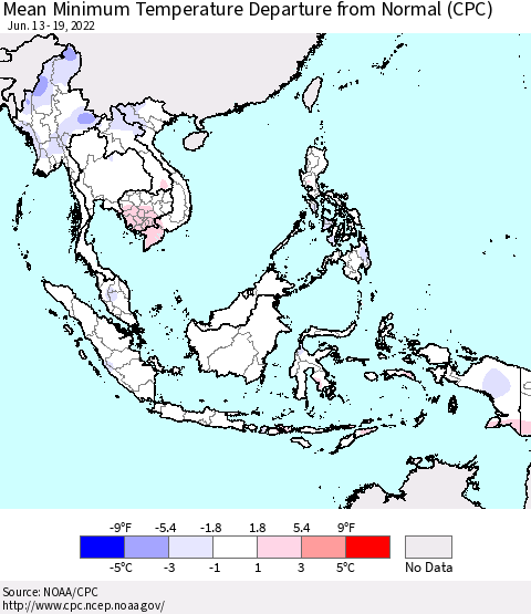 South East Asia Mean Minimum Temperature Departure from Normal (CPC) Thematic Map For 6/13/2022 - 6/19/2022