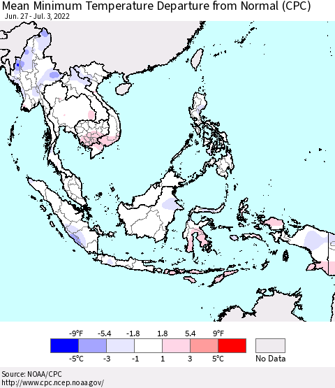 South East Asia Mean Minimum Temperature Departure from Normal (CPC) Thematic Map For 6/27/2022 - 7/3/2022