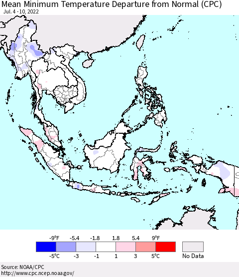 South East Asia Mean Minimum Temperature Departure from Normal (CPC) Thematic Map For 7/4/2022 - 7/10/2022