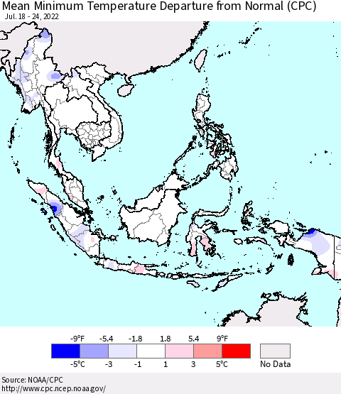 South East Asia Mean Minimum Temperature Departure from Normal (CPC) Thematic Map For 7/18/2022 - 7/24/2022