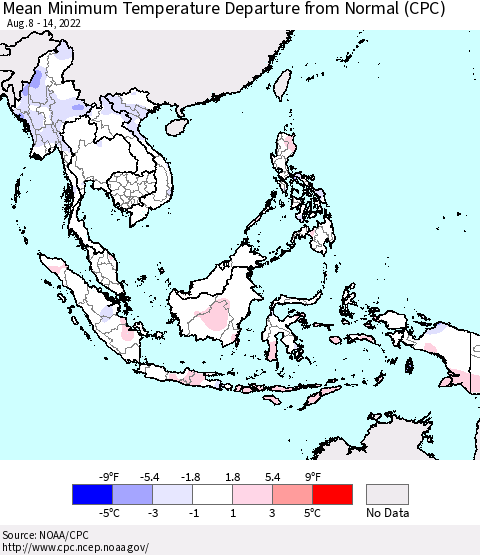 South East Asia Mean Minimum Temperature Departure from Normal (CPC) Thematic Map For 8/8/2022 - 8/14/2022