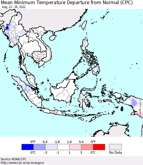 South East Asia Mean Minimum Temperature Departure from Normal (CPC) Thematic Map For 8/22/2022 - 8/28/2022