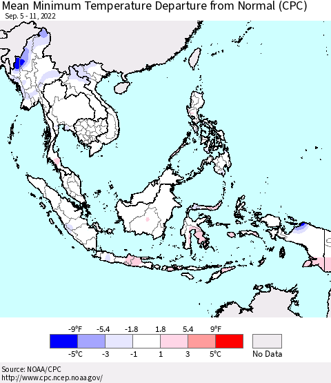 South East Asia Mean Minimum Temperature Departure from Normal (CPC) Thematic Map For 9/5/2022 - 9/11/2022