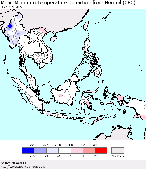 South East Asia Mean Minimum Temperature Departure from Normal (CPC) Thematic Map For 10/3/2022 - 10/9/2022