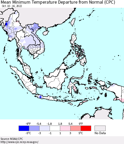 South East Asia Mean Minimum Temperature Departure from Normal (CPC) Thematic Map For 10/10/2022 - 10/16/2022