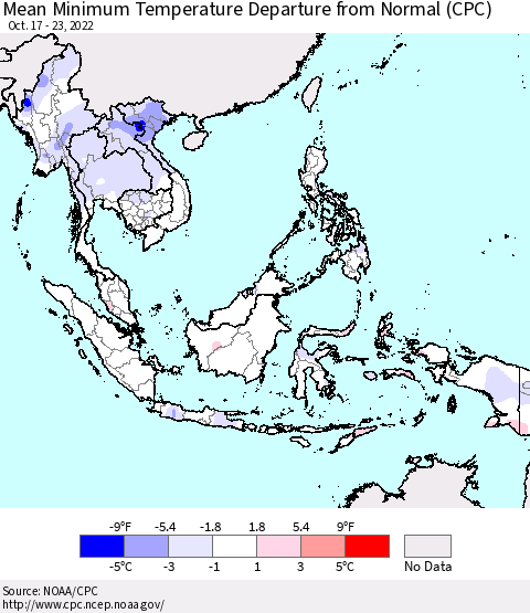 South East Asia Mean Minimum Temperature Departure from Normal (CPC) Thematic Map For 10/17/2022 - 10/23/2022