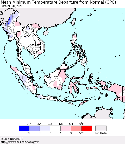 South East Asia Mean Minimum Temperature Departure from Normal (CPC) Thematic Map For 10/24/2022 - 10/30/2022