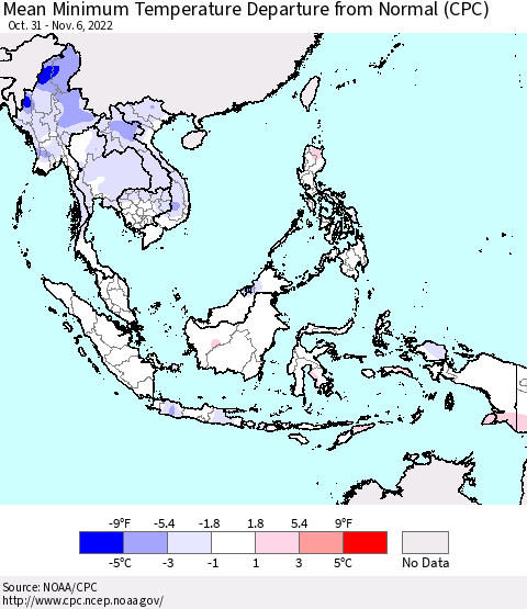 South East Asia Mean Minimum Temperature Departure from Normal (CPC) Thematic Map For 10/31/2022 - 11/6/2022