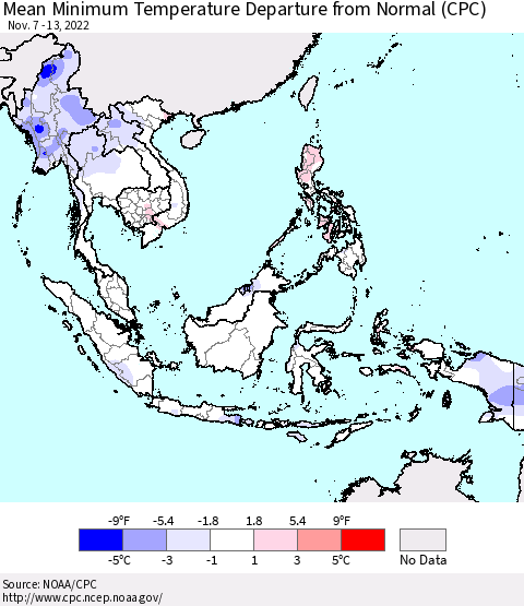 South East Asia Mean Minimum Temperature Departure from Normal (CPC) Thematic Map For 11/7/2022 - 11/13/2022