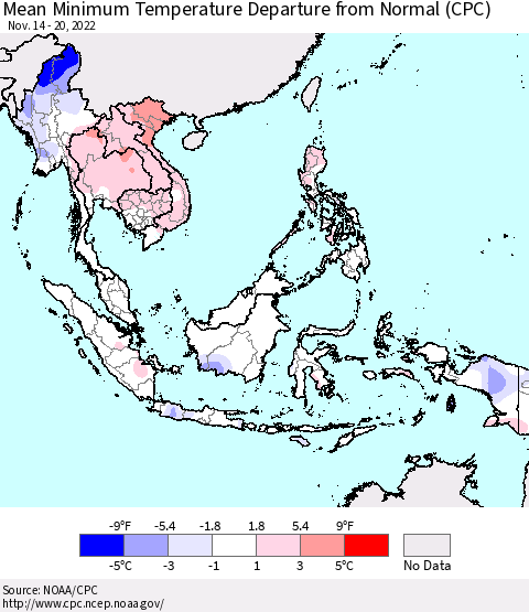 South East Asia Mean Minimum Temperature Departure from Normal (CPC) Thematic Map For 11/14/2022 - 11/20/2022