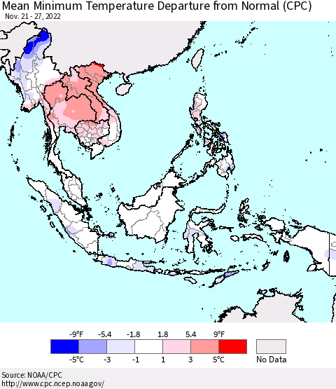 South East Asia Mean Minimum Temperature Departure from Normal (CPC) Thematic Map For 11/21/2022 - 11/27/2022