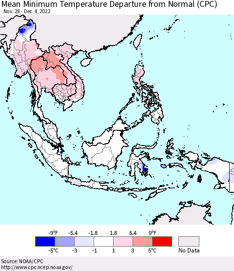 South East Asia Mean Minimum Temperature Departure from Normal (CPC) Thematic Map For 11/28/2022 - 12/4/2022