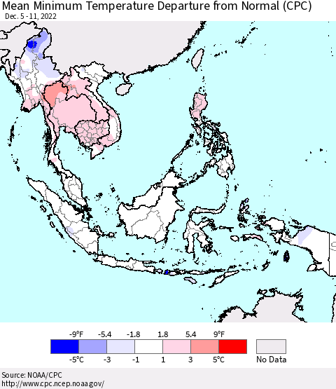 South East Asia Mean Minimum Temperature Departure from Normal (CPC) Thematic Map For 12/5/2022 - 12/11/2022