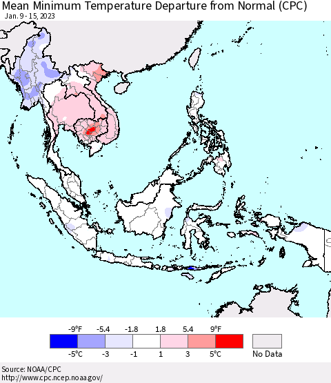 South East Asia Mean Minimum Temperature Departure from Normal (CPC) Thematic Map For 1/9/2023 - 1/15/2023