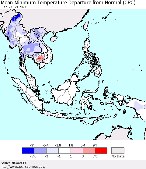 South East Asia Mean Minimum Temperature Departure from Normal (CPC) Thematic Map For 1/23/2023 - 1/29/2023