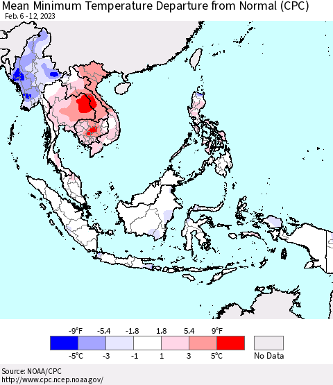 South East Asia Mean Minimum Temperature Departure from Normal (CPC) Thematic Map For 2/6/2023 - 2/12/2023