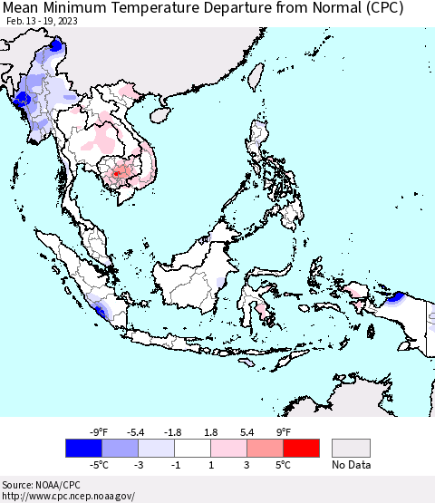 South East Asia Mean Minimum Temperature Departure from Normal (CPC) Thematic Map For 2/13/2023 - 2/19/2023