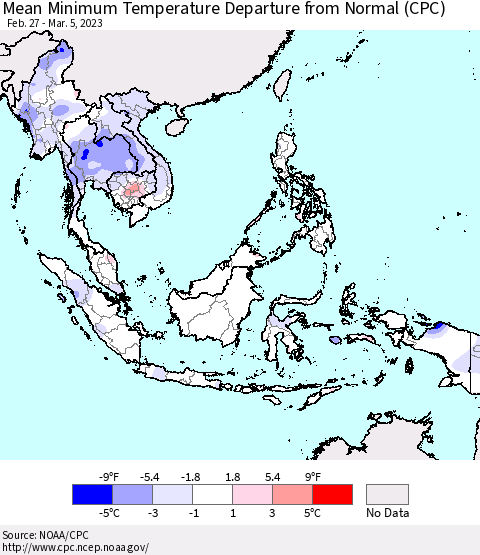 South East Asia Mean Minimum Temperature Departure from Normal (CPC) Thematic Map For 2/27/2023 - 3/5/2023