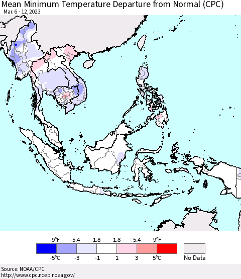 South East Asia Mean Minimum Temperature Departure from Normal (CPC) Thematic Map For 3/6/2023 - 3/12/2023